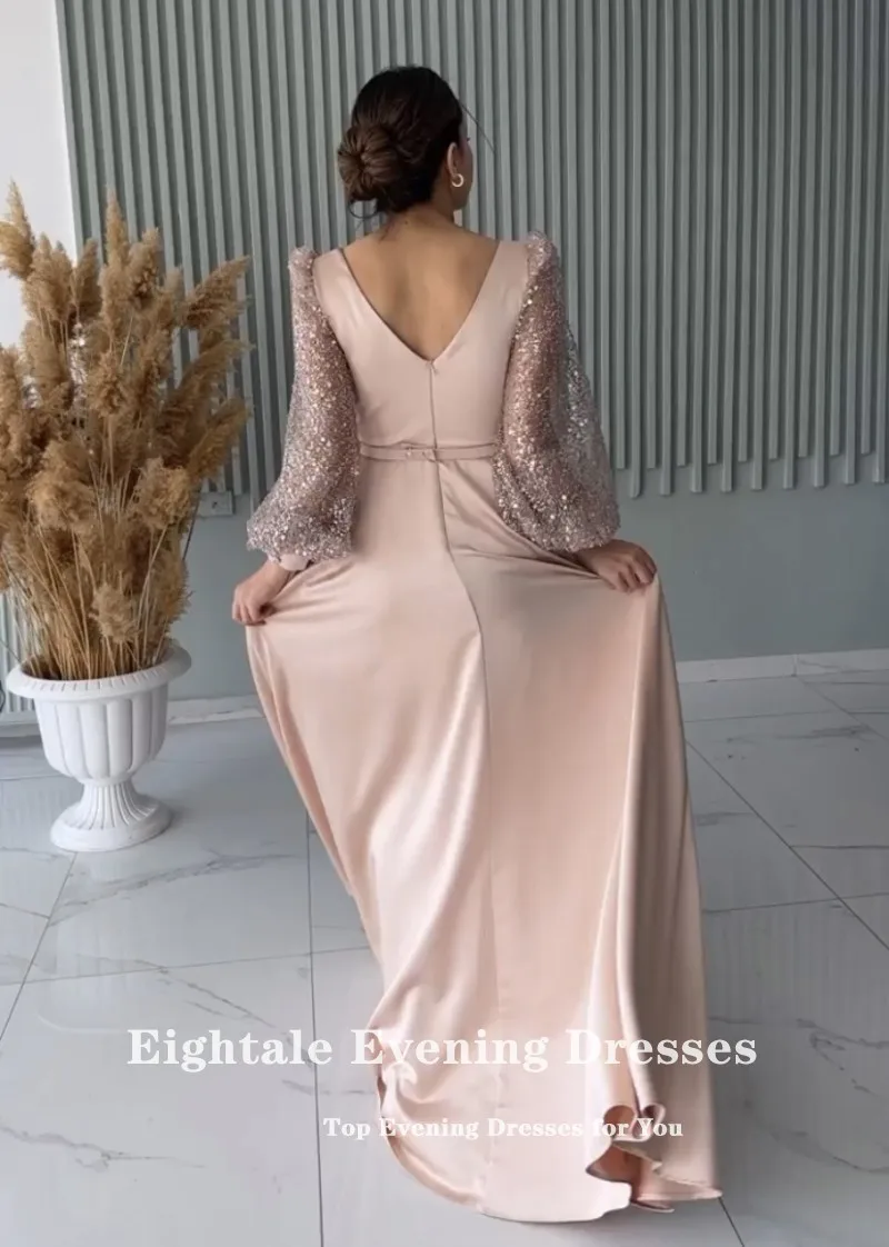 Eightale Champagne Evening Dresses V-Neck Glitter A-Line Satin Floor Length Prom Party Gown Vestidos De ocasión formales