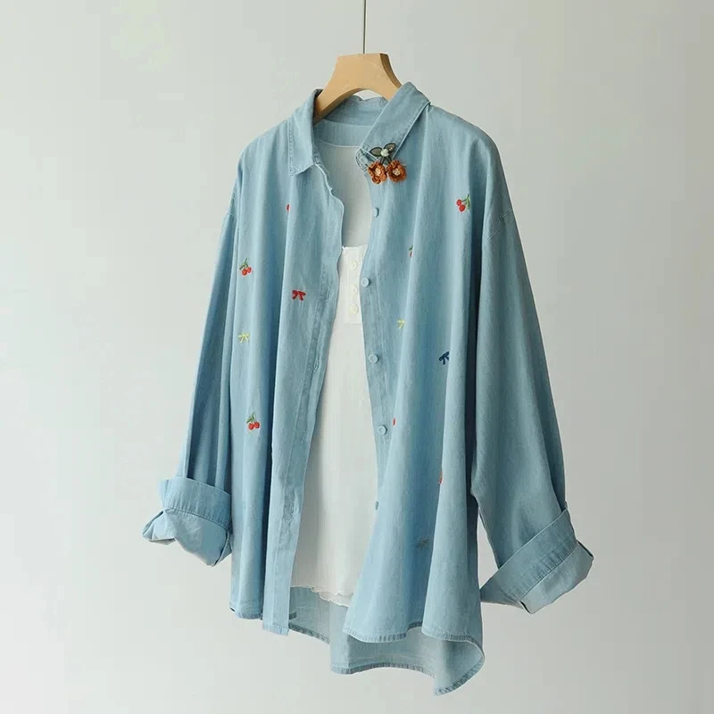 Mori kei fashion Japanese style cherry embroider denim shirts and blouses women autumn cotton jean shirt cute cothes