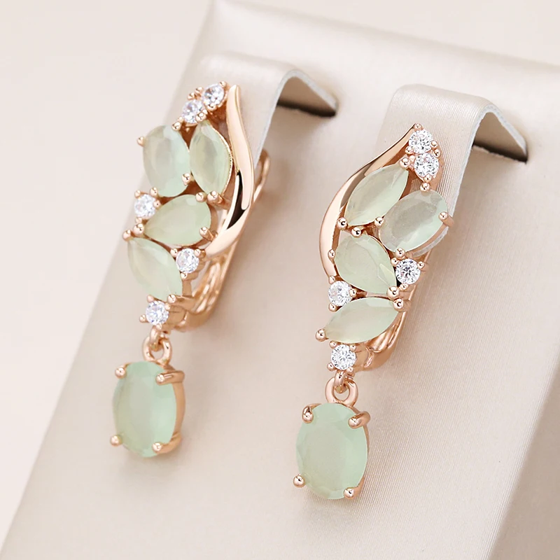 Kienl New 585 Rose Gold Color Long Earring for Women Luxury Green Natural Zircon Flower Drop Earring High Quality Daily Jewelry