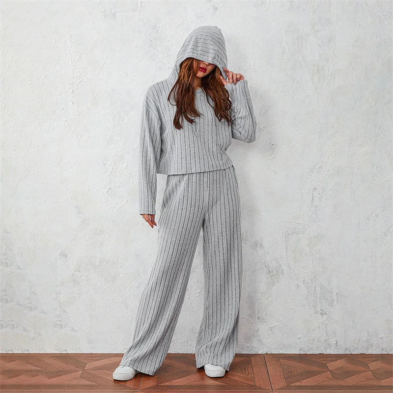 Fall Spring Outfits Women Rib Knitted 2Pcs Solid Long Sleeve Hoodies Tops Sweater and Elastic Waist Pants Suit Casual Homewear