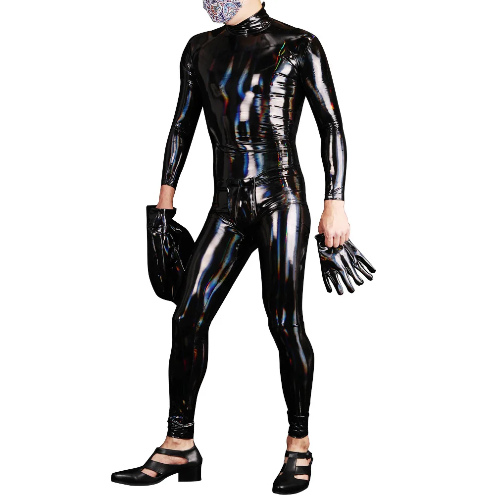 Men Holographic Shiny PVC Bodysuit Zentai Separate Hood Gloves Socks, Elastic Full Body Catsuit, Crotch Zipper Cosplay Jumpsuit