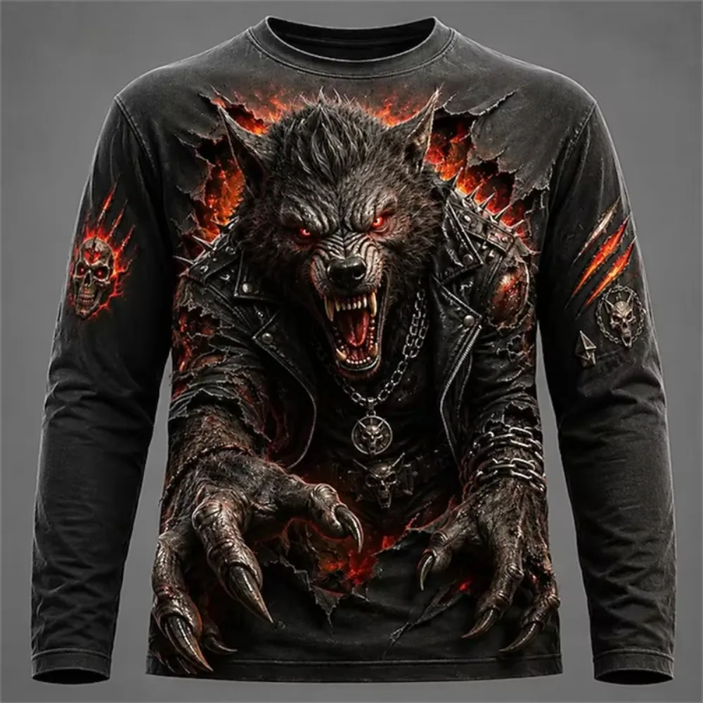 Men's 3D Print Werewolf Long Sleeve T Shirt,  Full Moon Scary Wolfman Graphic Tee, Tear Effect Halloween Casual Long Sleeve Tops