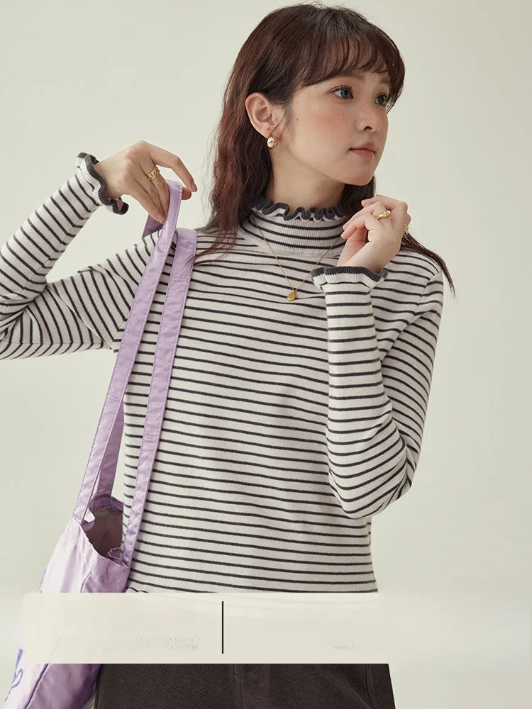 

AMUU Оригинальный утепленный вязаный свитер женский зимний новый с высоким воротником, базовый слой, топ с полосатым узором, корейский стиль, свободный крой