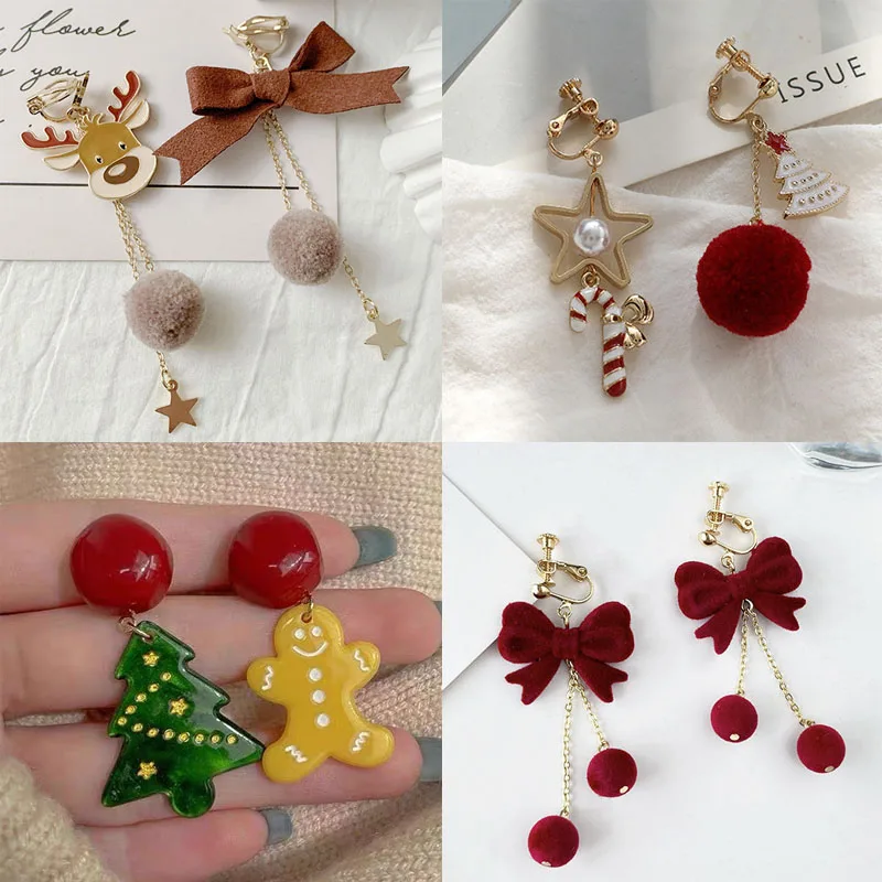 Image of Clip-on-Weihnachtsohrringe, süßer Hirsch, Lebkuchenmann, Schleife, Baum, nicht durchbohrt, Ohrclips, lustiger, festlicher Urlaubsschmuck für Frauen, Party