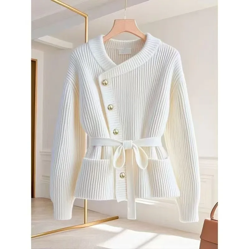 

2026 Autumn Winter Female New Unique Chic Knitted The Waist Pocket Sweater Women's Lace-up Solid Coat Single-breasted Cardigan