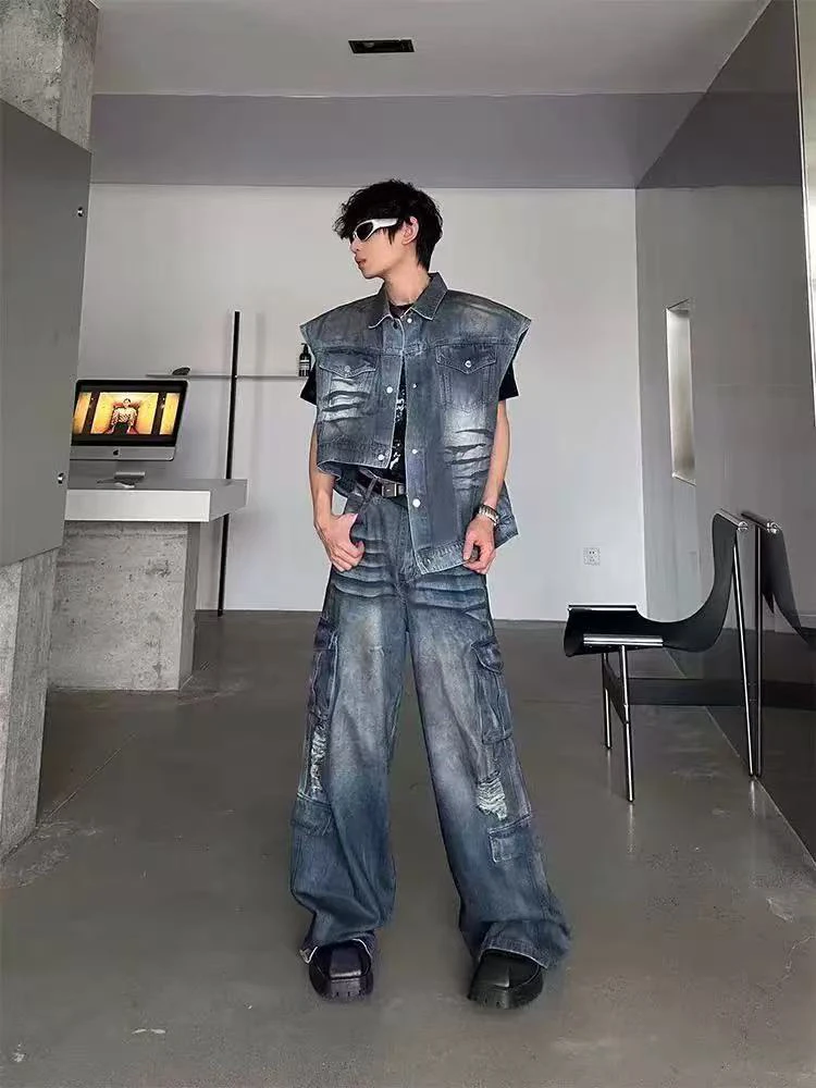 

American High Street Unwaed Denim Vest No oulder Summer Loose Straight Leg Pants Men Women Faionable New Sle
