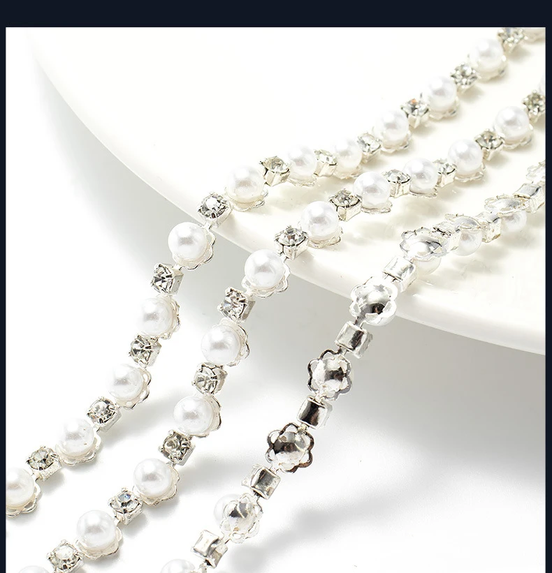 10 Yards Strasskette Kristalldiamant Kleidungsaccessoire mit eingelegten Perlen Strassband DIY Bastelzubehör Partygeschenke Dekoration – Detail 3