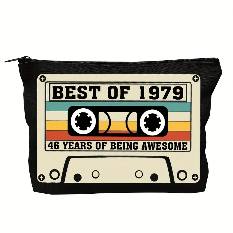 1pc Retro 1979 Cassette Tape Design Makeup Bag – Durable Polyester, Travel Cosmetic Pouch for Women, Zippered Toiletry Organizer