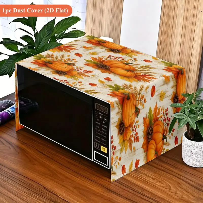 VIKAMA Fall Pumpkin Maple Leaf Microwave Dust Cover Rustic Wood Plank Oven Cover Thanksgiving Farmhouse Kitchen Home Decor