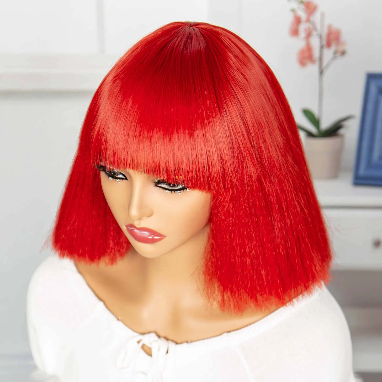 Red Blonde Black Hair Color With Bangs Bob Natural Fashion Wig Novice Friendly Everyday Wearable Synthetic Wig Resistant To Heat