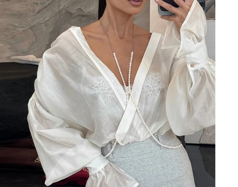 2025 Spring New Sweet Loose Turn Down Collar Lantern Sleeve Long Sleeve Blouse Women Top