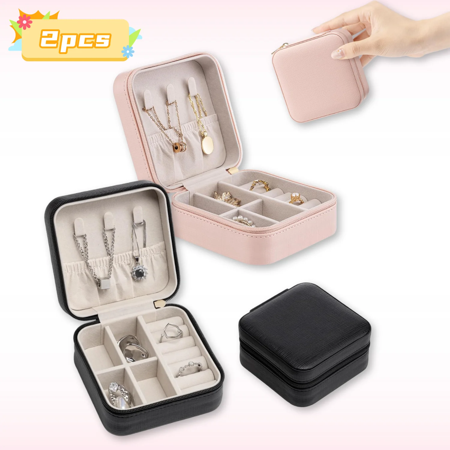 

2pcs Small Travel Jewelry Box Organizer Display Storage Case for Rings Earrings Necklace, Pink&Black