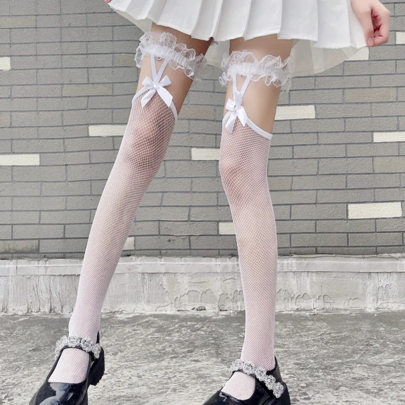 Bas de cuisse en résille pour femmes, chaussettes longues Harajuku JK Lolita, jarretelles à nœud papillon, chaussettes hautes au genou, maille évidée