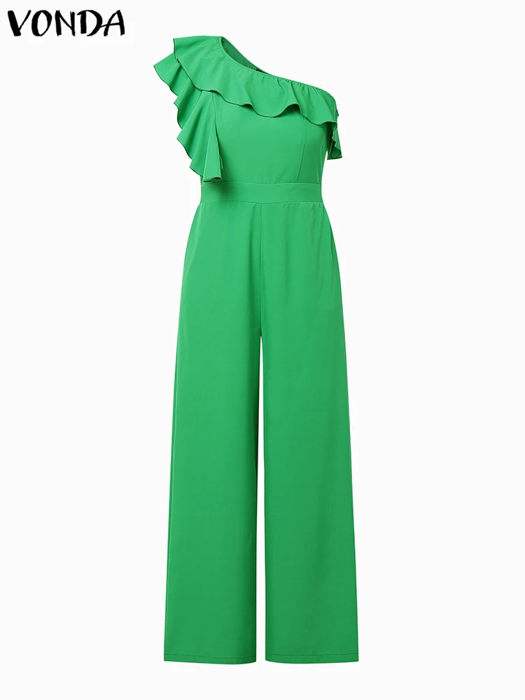 Plus Size Women Jumpsuits Casual Loose Rompers 2025 Elegant Party Off Shoulder Ruffled Overalls Solid Wide Leg Pants 5XL VONDA