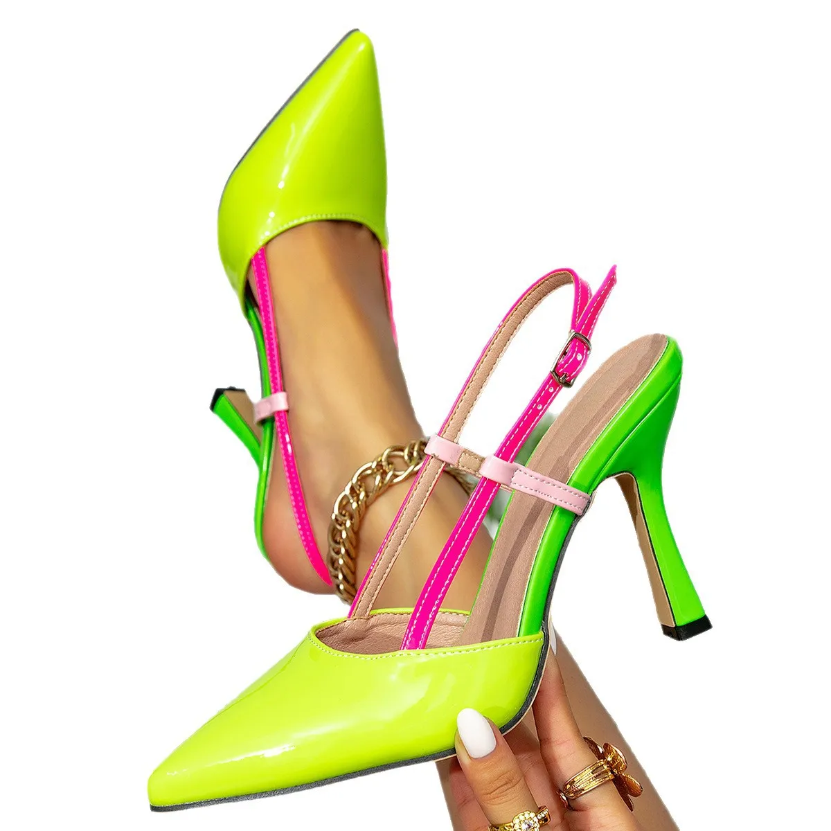 Women's Neon Green Hot Pink Colorblock Bow Slingback Heels Buckle Strap Champagne Glass Heel Party Vacation Sandals