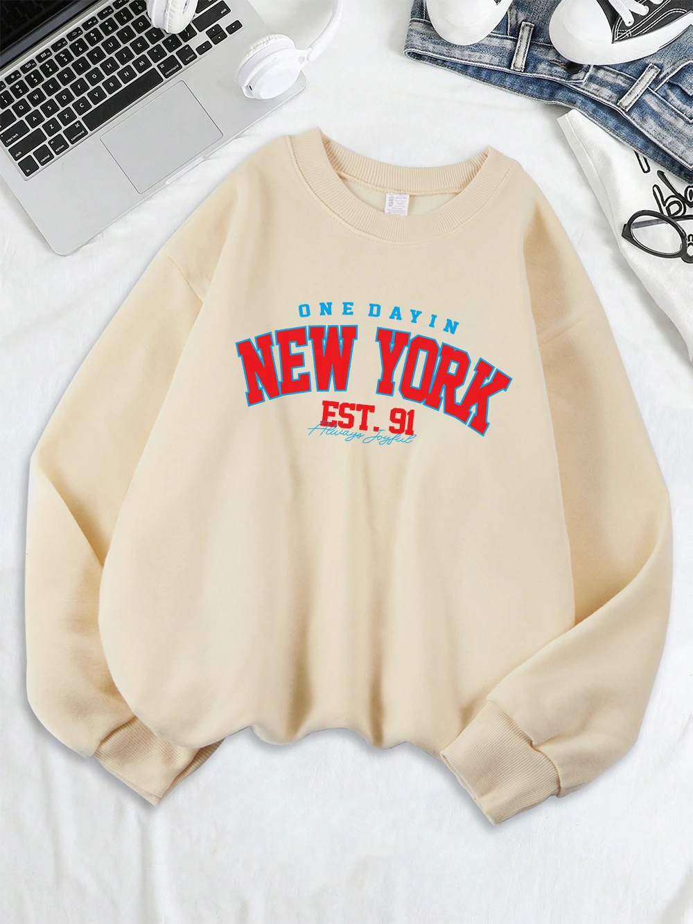 New York One Dayin Est.91 프린트 스웨트 여성 루즈 기본 후드 양털 따뜻한 크루 넥 의류 겨울 여성 streetwear
