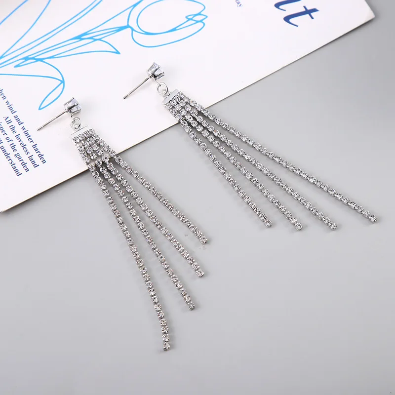 Fashion Silver Sparking Rhinestone Earrings Simple Long Drop Earrings For Women Wedding Prom Party Tassel Earrings Jewelry