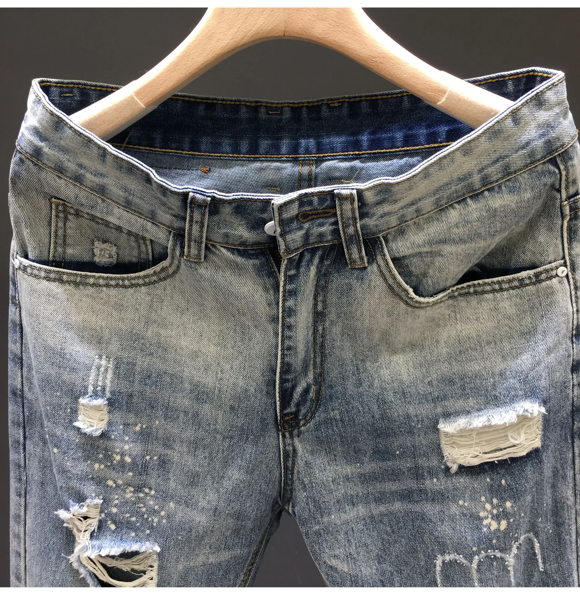 Harajuku Style Summer and Trendy Luxury Jeans for Men with Holes Small Feet Men's Casual Jeans with Holes  Vintage Pants