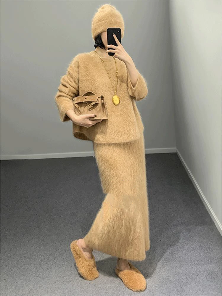 2024 Elegant 2 Piece Skirt Set Women 2023 Autumn/Winter Solid O-neck Long-sleeved Sweater Long Skirt Sets New Knit Pullover Top