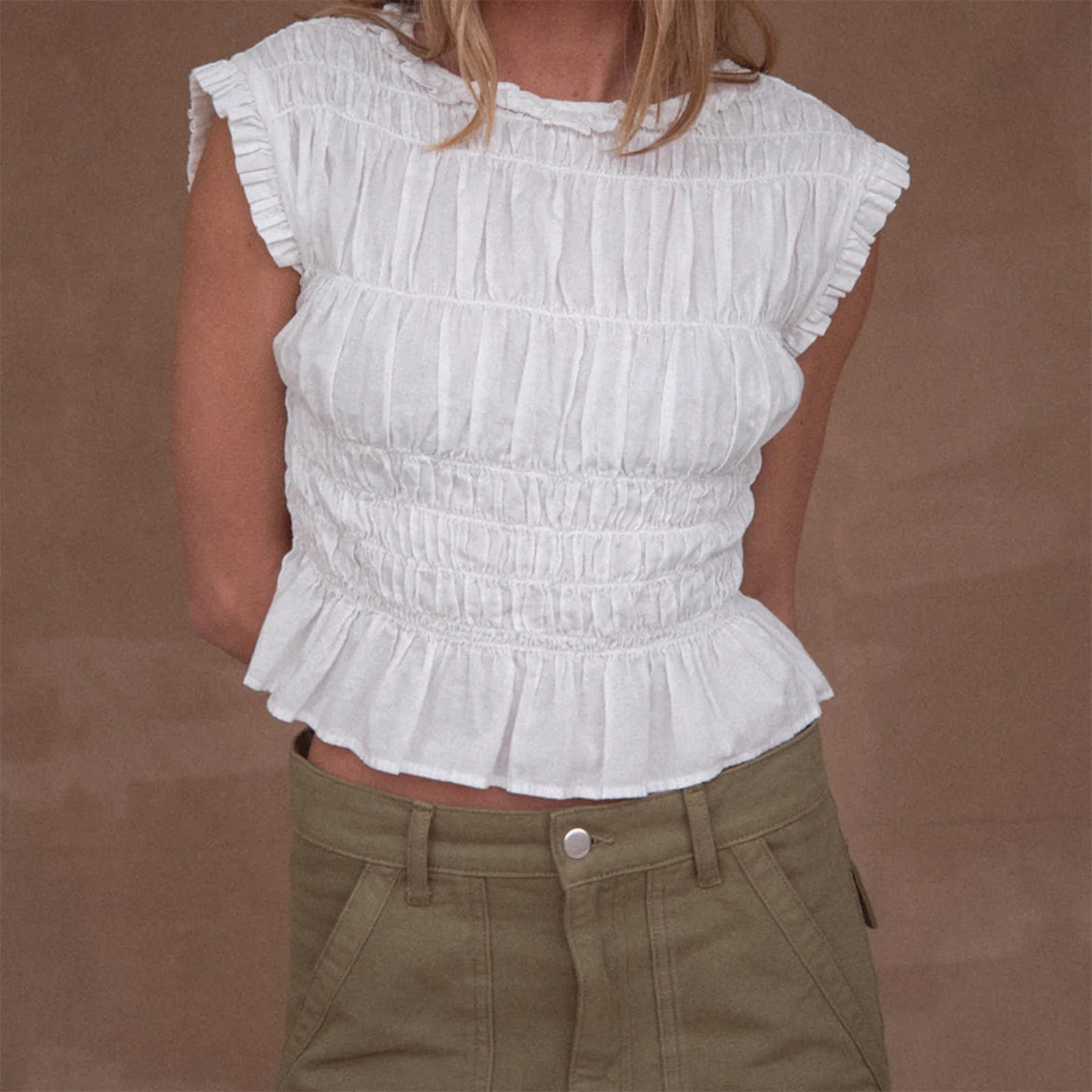 

Women Y2K Smocked Tank Tops Cap Sleeve Crew Neck Crop Shirred Top Summer Cute Going Out Ruched Peplum Shirts Streetwear