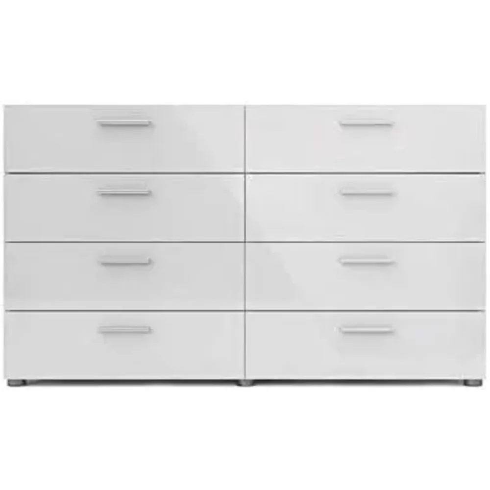 Contemporary 3/8 Drawer Double Bedroom Dresser in White with Modern Silver Color Bar Handles