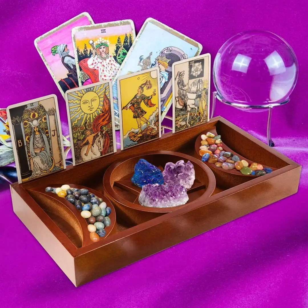 Nuovo Wicca Crystal Storage Torre in legno Supporto per tarocchi Tee Fase Moon Star Crtsmanip Decorazioni per la casa Artefatti dal design unico
