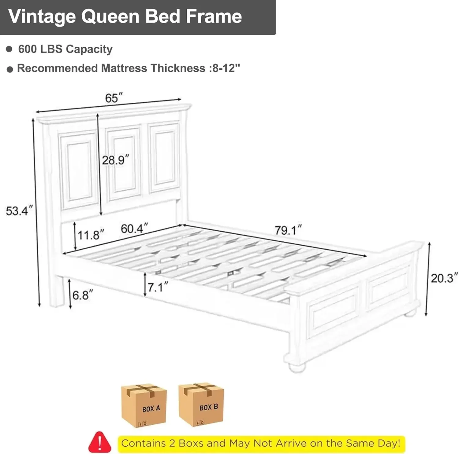 Queen Size Platform Bed with Tall Headboard & Footboard, Pinewood Queen Bed Frame with Wood Panel Bed Base, No Squeak