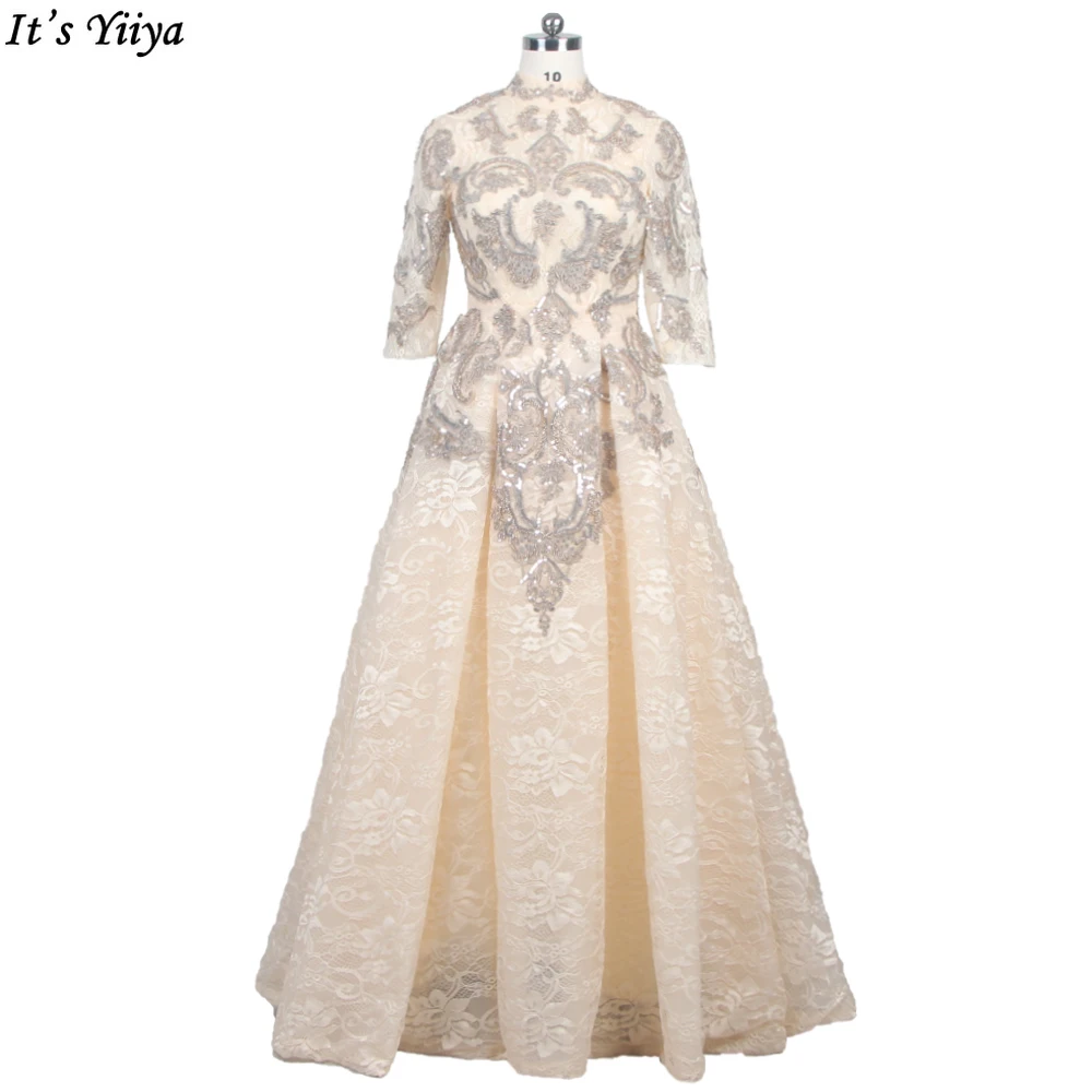 

It's Yiiya Evening Dresses High Collar Khaki Lace Beading Half Sleeves A-line Floor Length Plus size Women Party Dress C1721