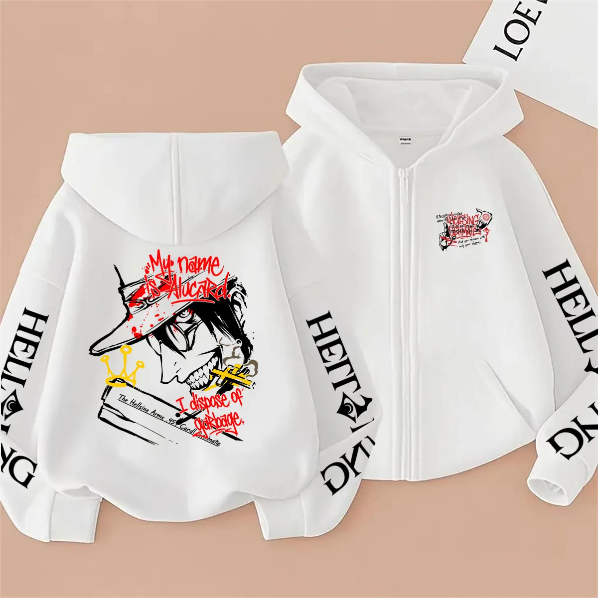Anime Hellsing Vampir Alucard Grafik-Reißverschluss-Hoodie für Männer und Frauen, Manga Oversized Streetwear, Gothic Rock Zip-Up Jacke – Detail 2