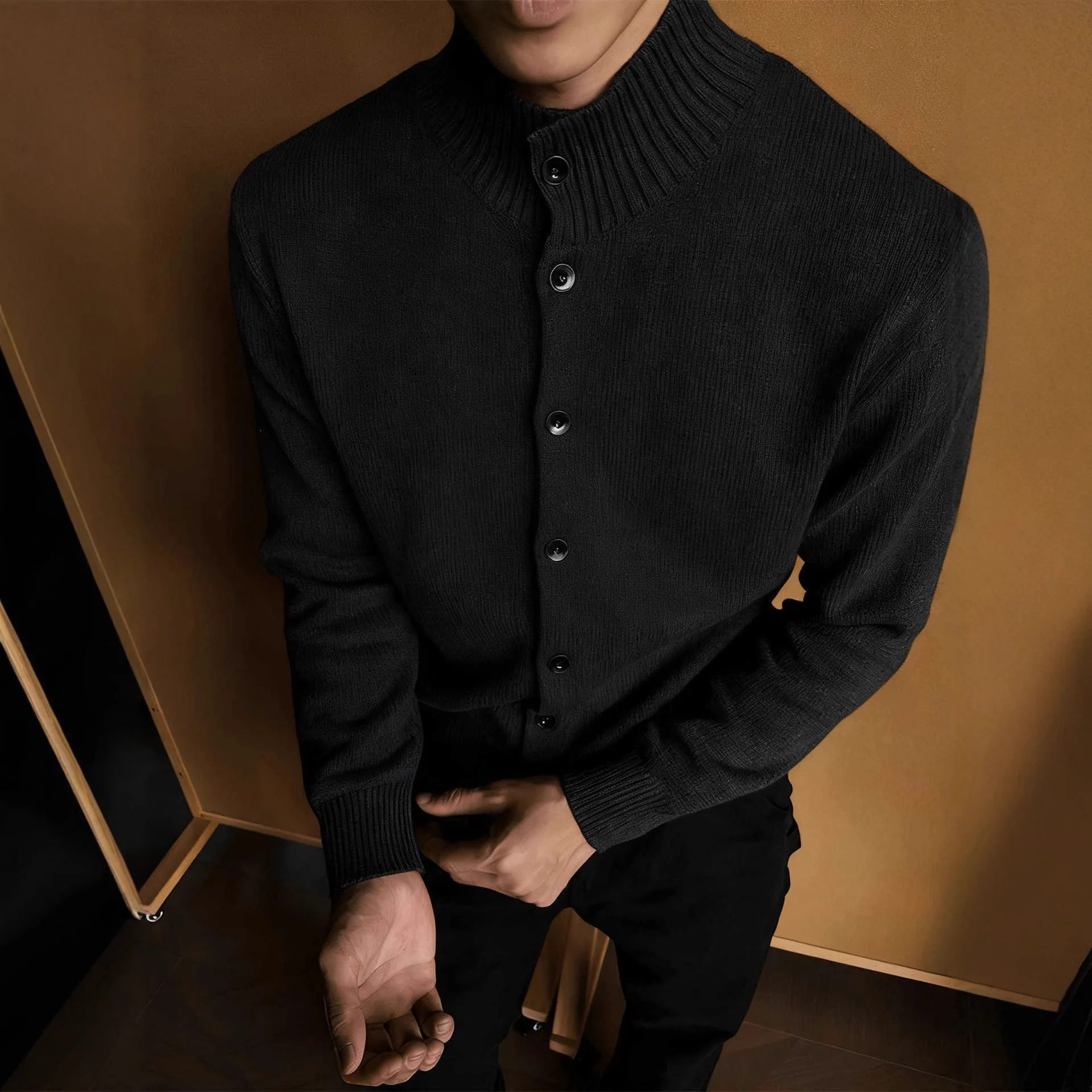

Черный свитер на пуговицах с полувысоким воротником, мужской осенне-зимний повседневный американский трикотаж премиум-класса, верхняя одежда