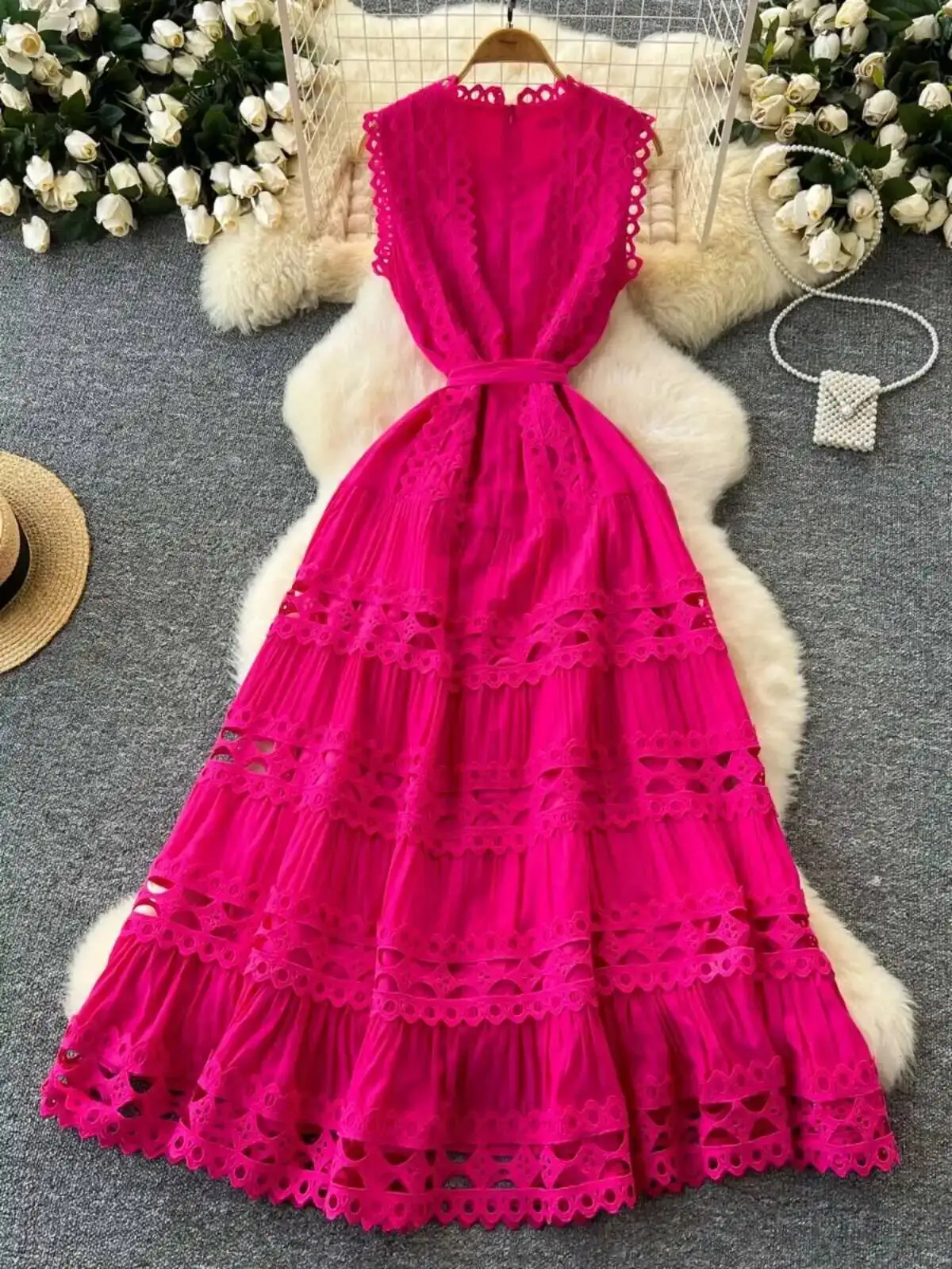 Luxury Elegant Embroidery Long Holiday Dresses Women Summer Sleeveless Hollow Out Belt A Line Evening Party Vestidos