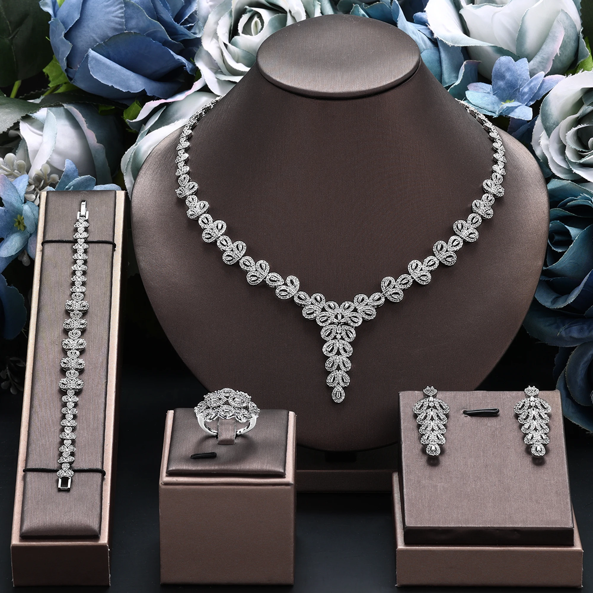 

Luxury 4 Pieces Wedding Bridal Jewelry Set Dubai UAE High Quality 4A Zircon Drop Necklace Earrings Jewelry Set for Women