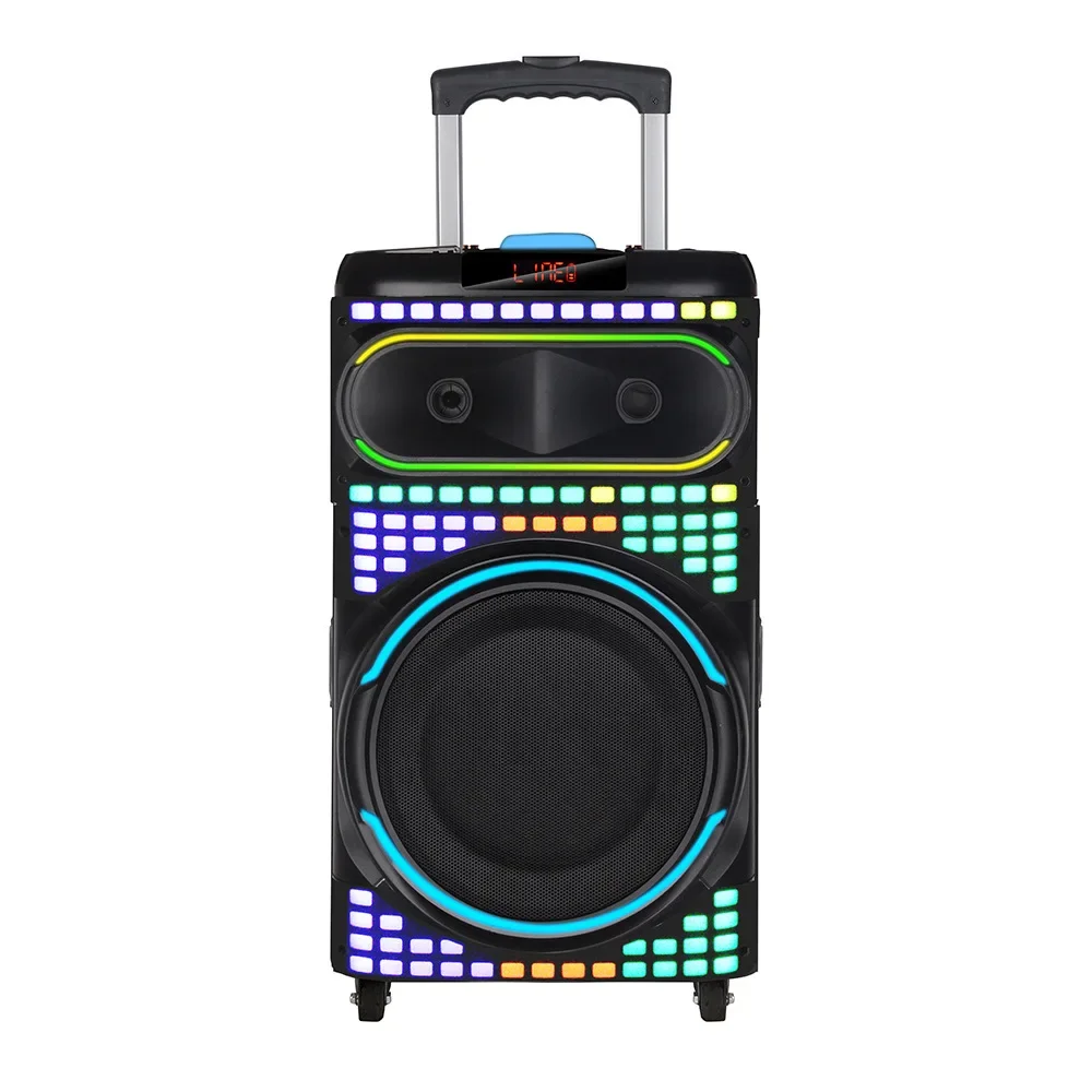 

NDR-1260 12-дюймовый высокомощный динамик с деревянной коробкой, двойные беспроводные микрофоны, RGB, домашний кинотеатр, частная модель, питание от аккумулятора