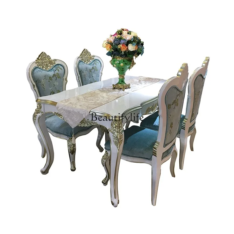 

French solid wood dining table simple carved rectangular fabric furniture