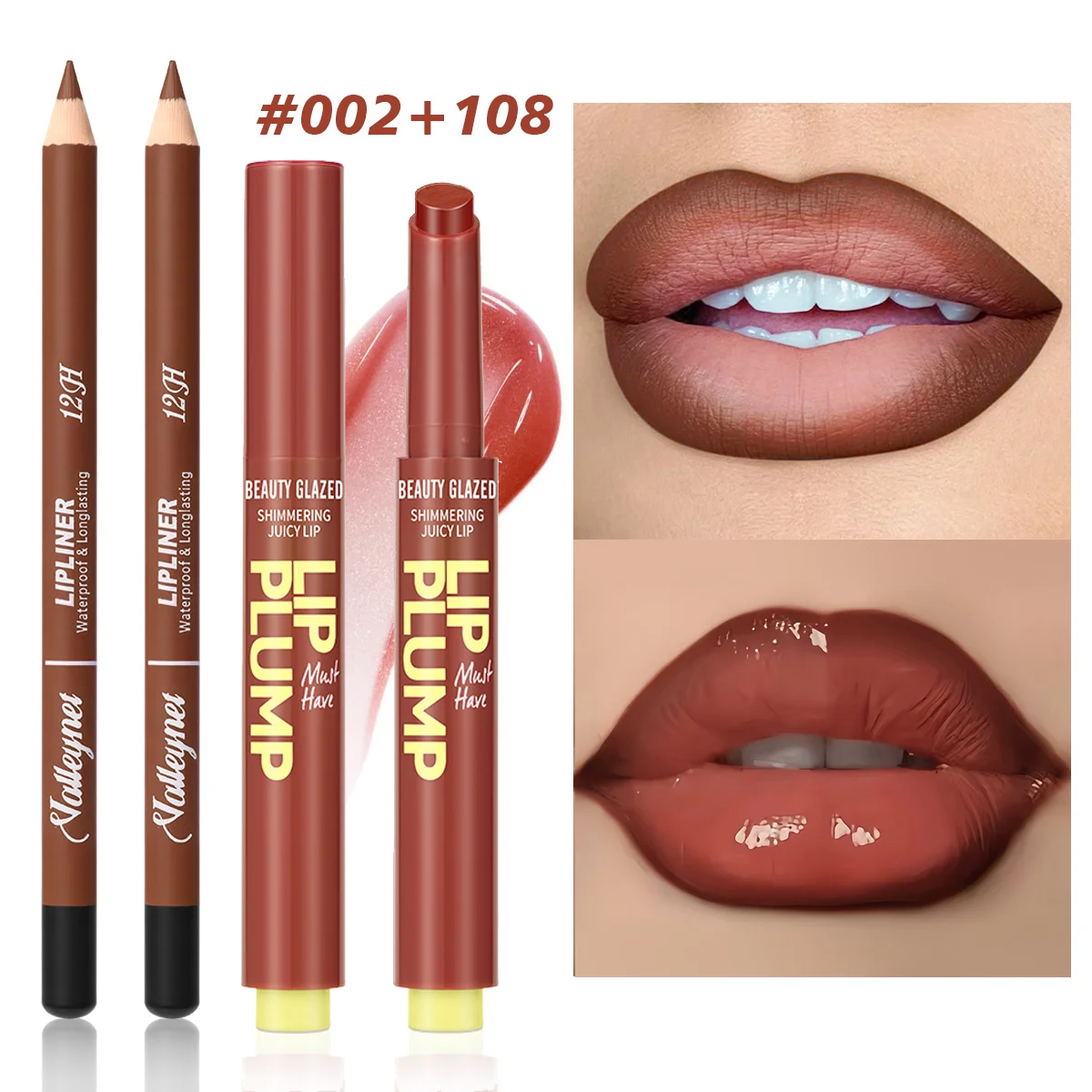 2 Stück/Set feuchtigkeitsspendender Lippenstiftstift + mattierter Lipliner, langlebig, rot, braun, lila und mehrere Farben optional