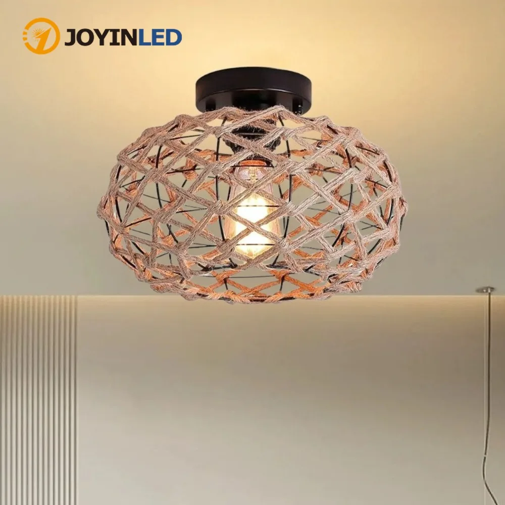 

JOYINLED E27 Natural Handmade Hemp Rope Brown Pendant Light Creative Chandelier Modern Wicker Light for Restaurant Coffee Shop
