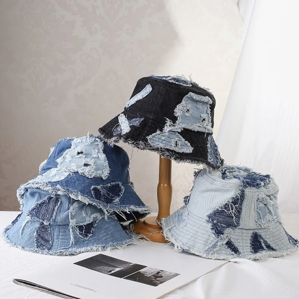 خمر الدنيم الياباني قبعة بحافة مرقع المتسول نمط الرجعية صياد قبعة الأزرق الربط الشمس حماية حوض قبعة النساء #5