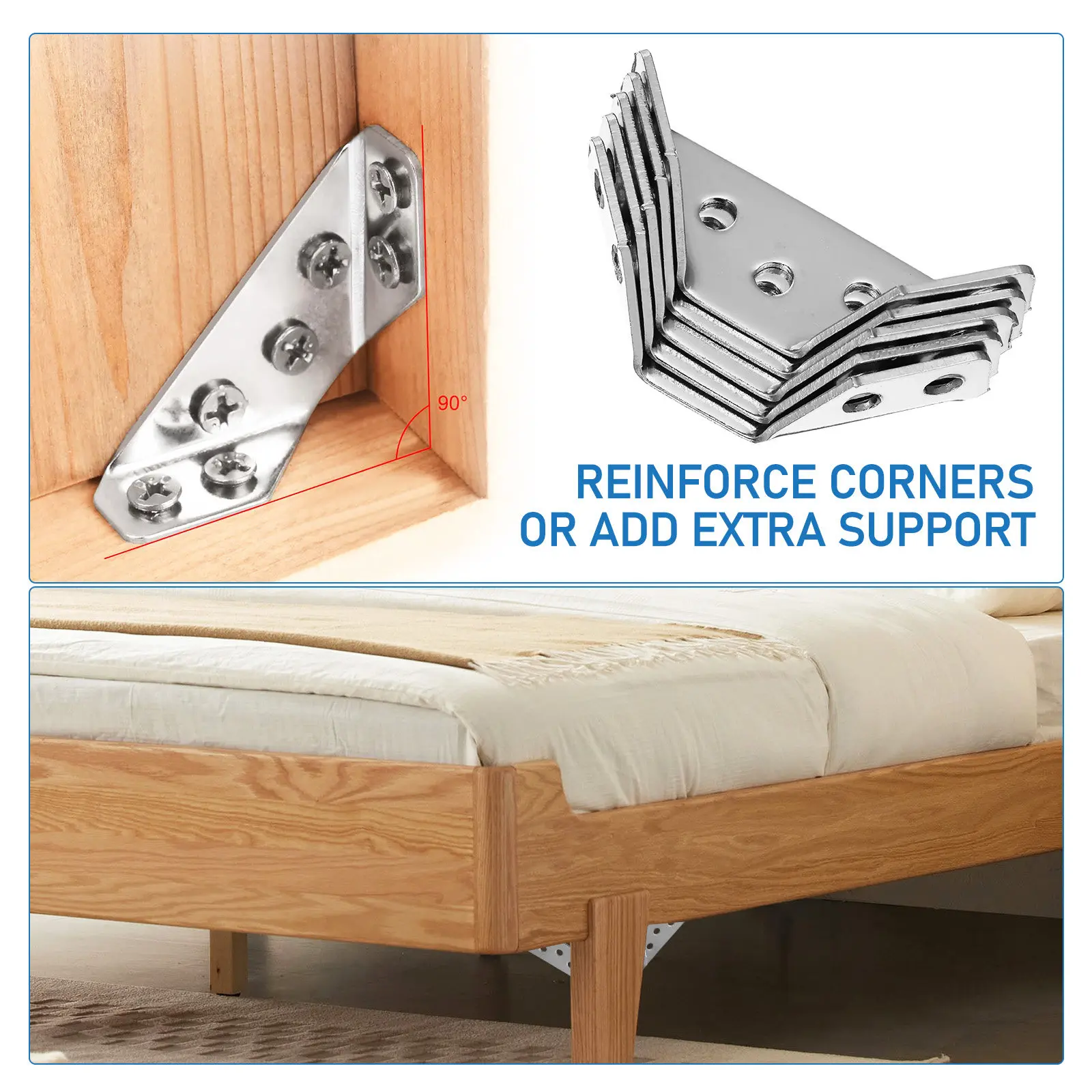 10Pcs Stainless Steel Angle Brackets Robust Furniture Corner Brace for Wood Shelves Cabinets Tables Bed Frame Reinforcement