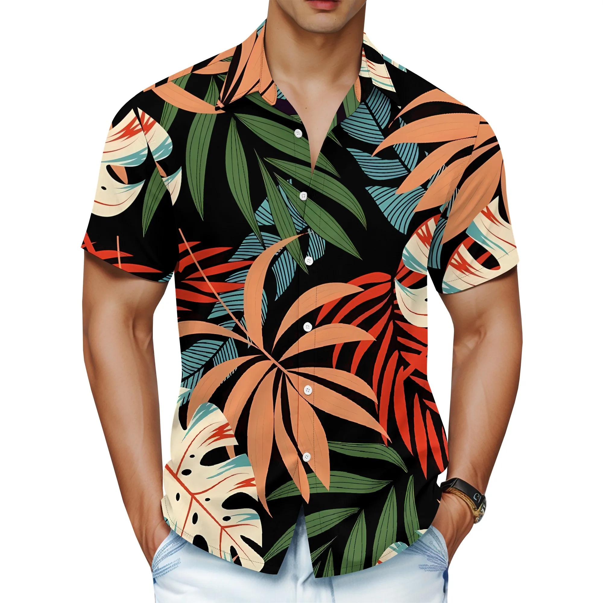 YEAE Tropical Leaf Print Shirt for Men Summer Casual Short Sleeve Top