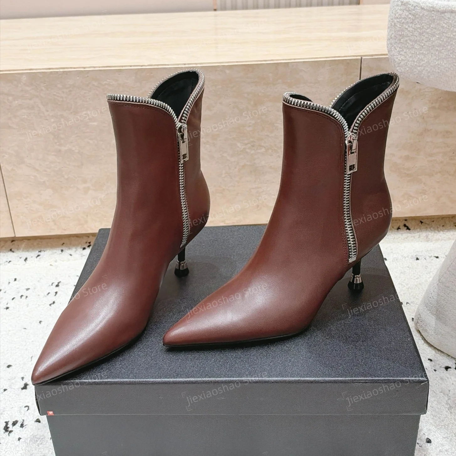 New Collection Handmade Genuine Leather Pointed-Toe Kitten Heel Ankle Boots Zipper Decora Chelsea Boots Hiver Zapatos De Mujer