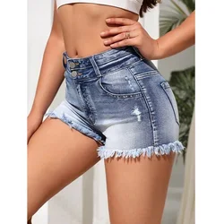 Shorts jeans femininos de cintura alta rasgada, calça curta feminina, jeans casual com borla, verão