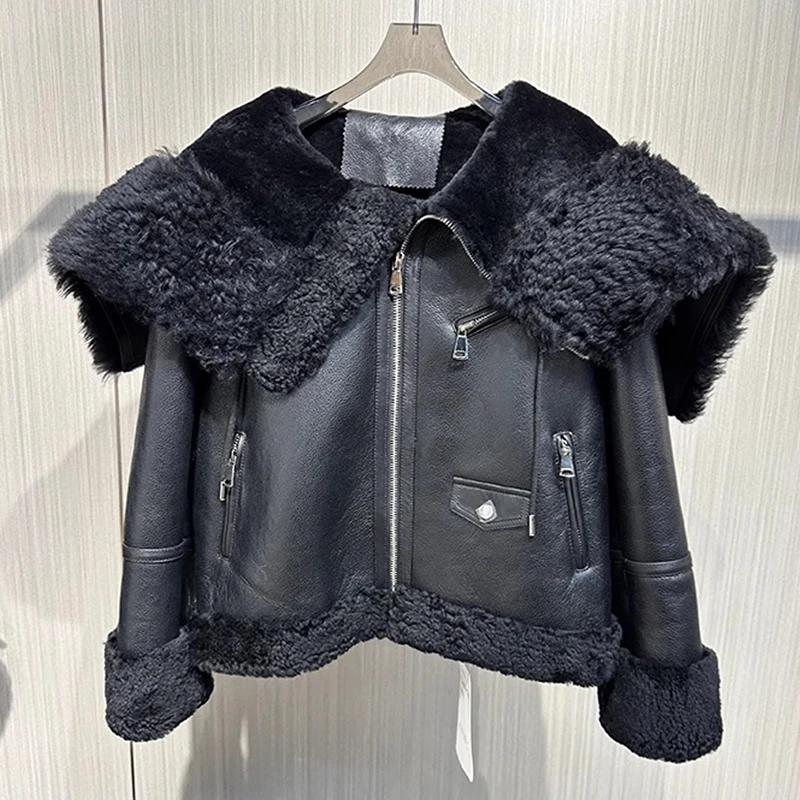 

2024 Winter Women Natural Real Merino Sheep Fur Coat Genuine Leather Jacket Thick Warm Luxury Female Coats Locomotive Suit