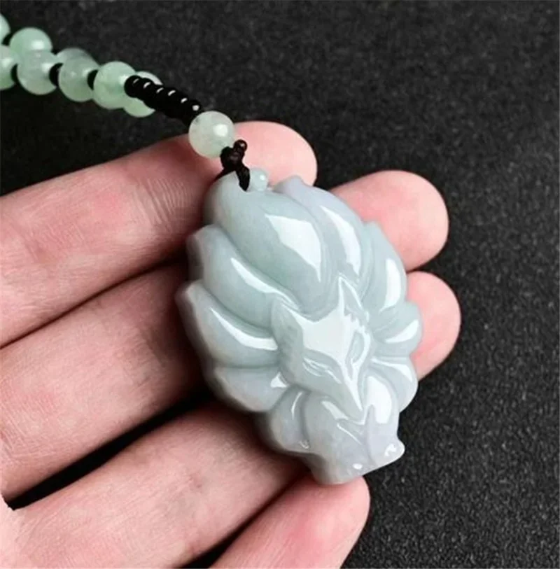 Natural Emerald Jade Nine tail fox Pendant Necklace Jewellery Fashion Accessories Hand-Carved man woman Amulet Gifts