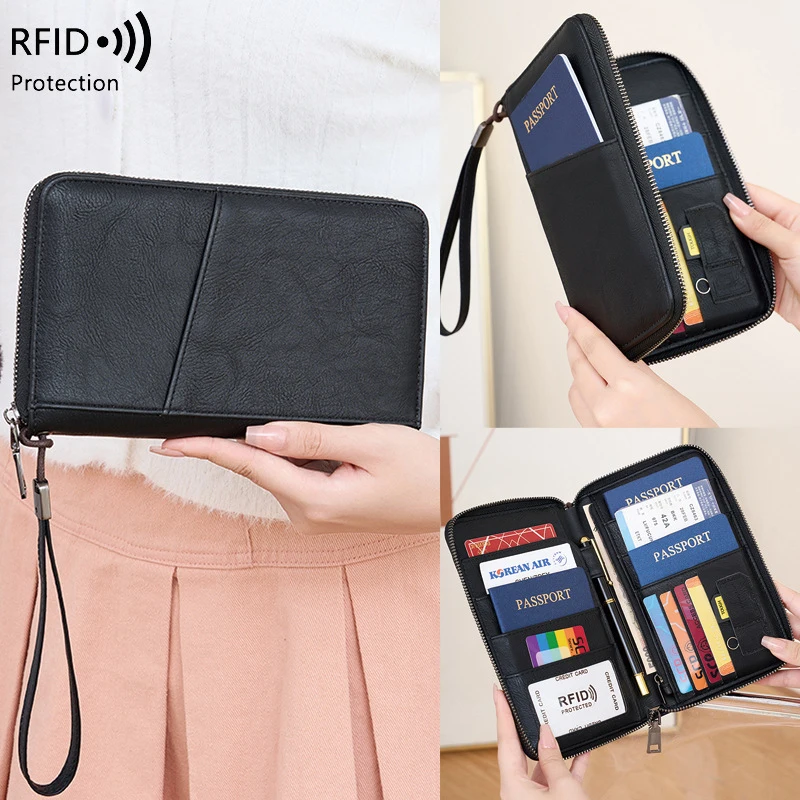 

Женский кошелек для паспорта с защитой от RFID, на молнии, большой вместимости, многофункциональный, также подходит для мужчин