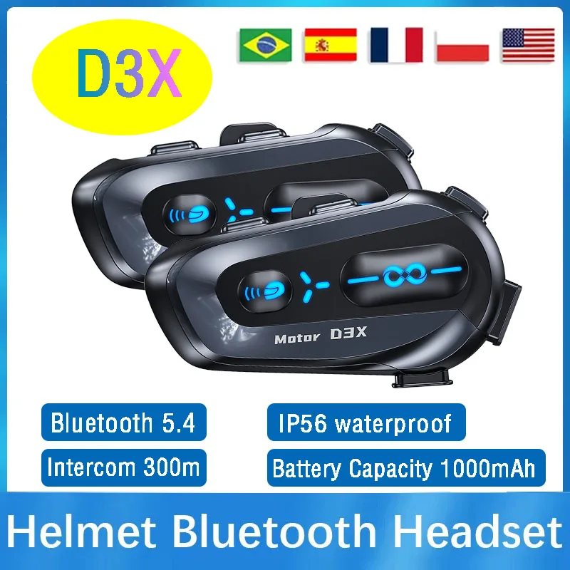 1/2PCS D3X Motorcycle Helmet Intercom Bluetooth Headset IP56 Dustproof Waterproof Music Sharing Unlimited Number Of Interphone