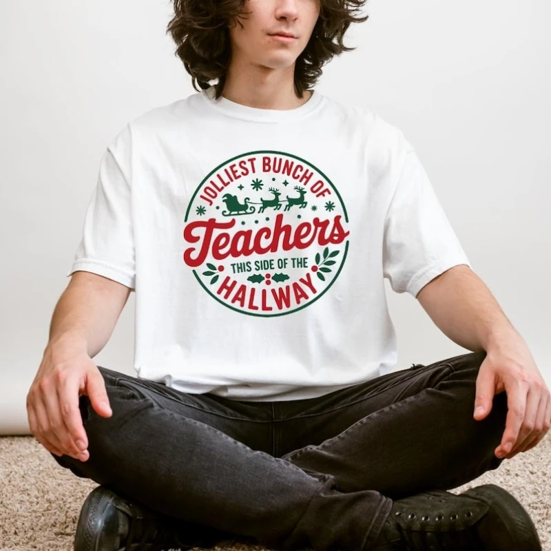 Jolliest Bunch of Teachers DTF Transfer Ready To Press Festive Christmas Design Unisex All-match Casual Printed T-shirt Tops