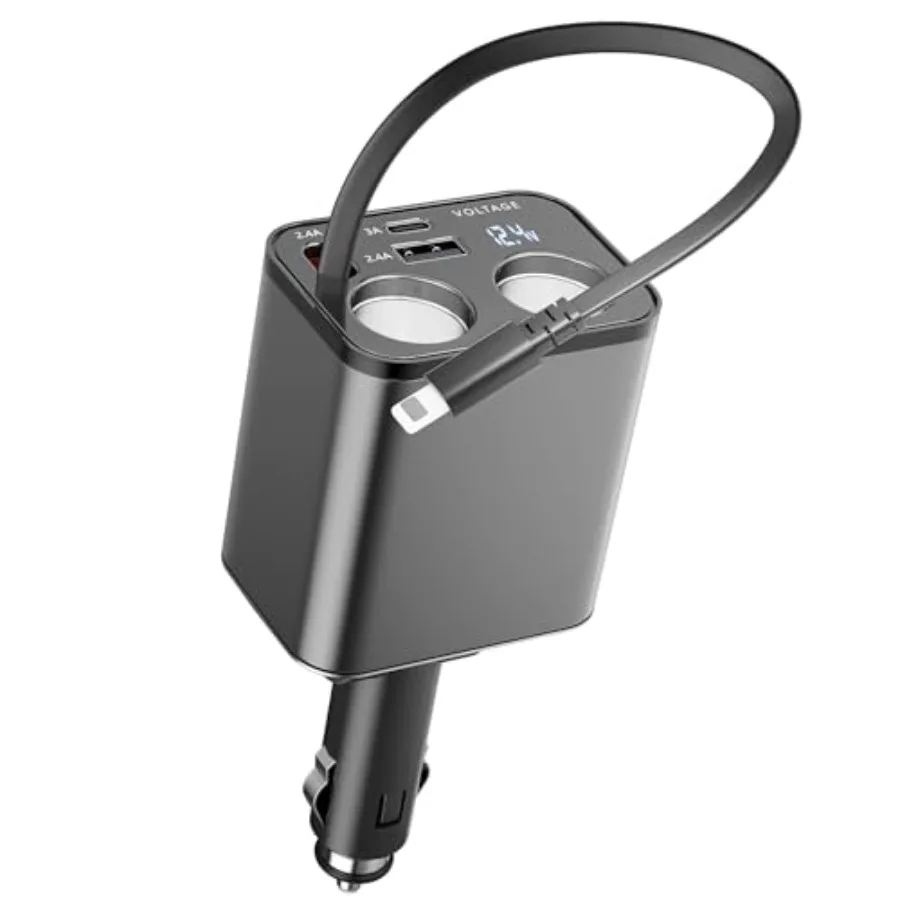 

5 in 1 Retractable Car Charger Cigarette Lighter Splitter, 159W Fast Car Charger with Retractable Cable, Dual USB PortandDual C