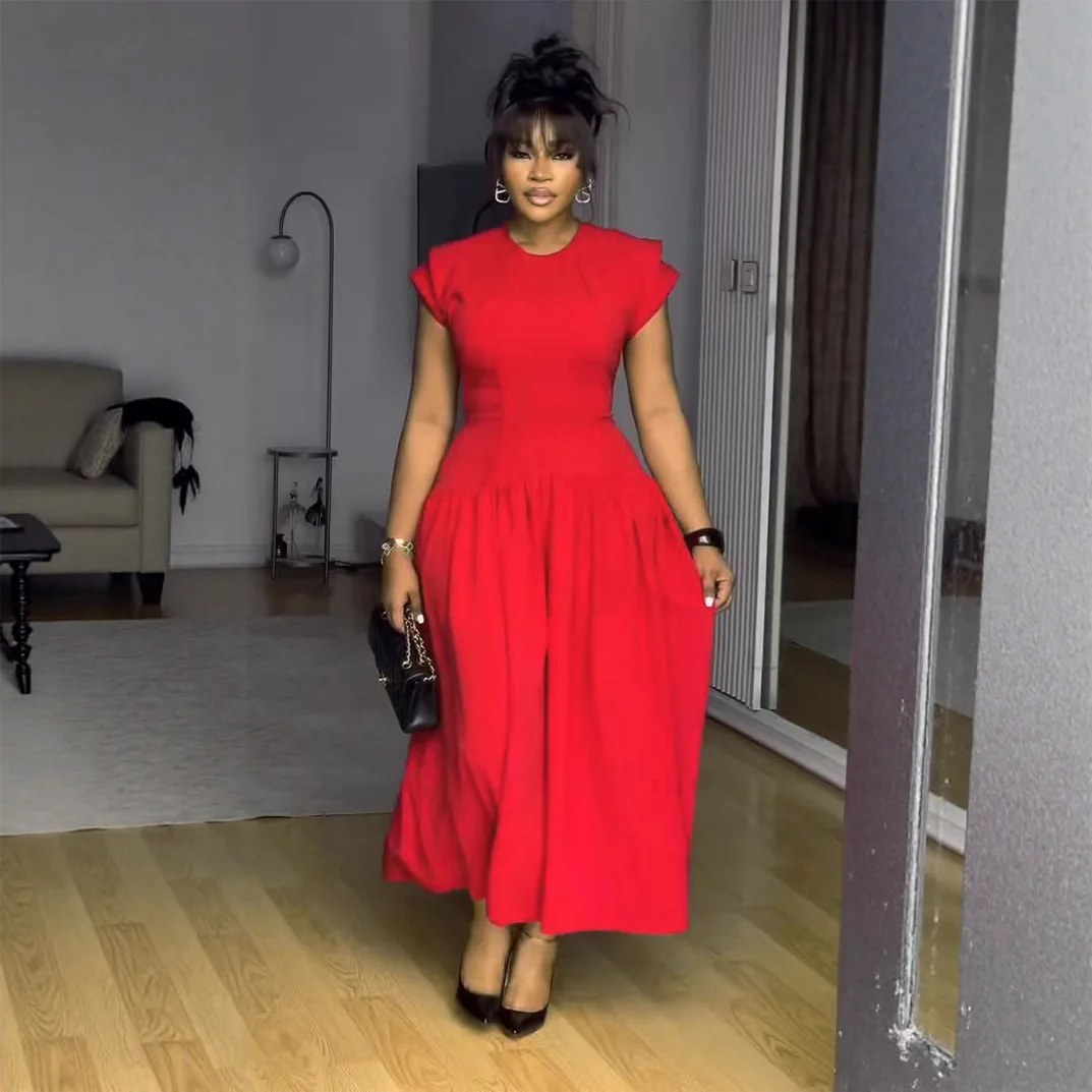 

Elegant Casual Pleated Dress Waist-Cinching Flying Sleeve Fold Stretch Commuting Dress for Women