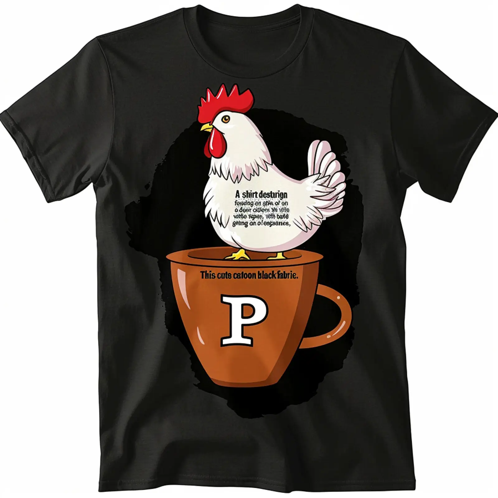 

Adorable Chicken Pecking Coffee Cup PI Vector T Shirt Black Tee Cartoon Graphic