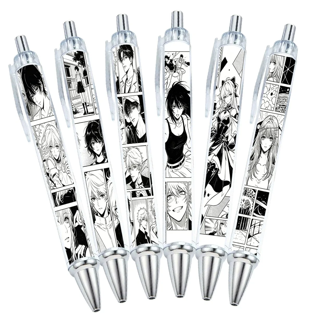 

6pcs Black White Cartoon Theme Ballpoint Pens Paper Clip Office Stationery Student Writing Pens Office Gifts